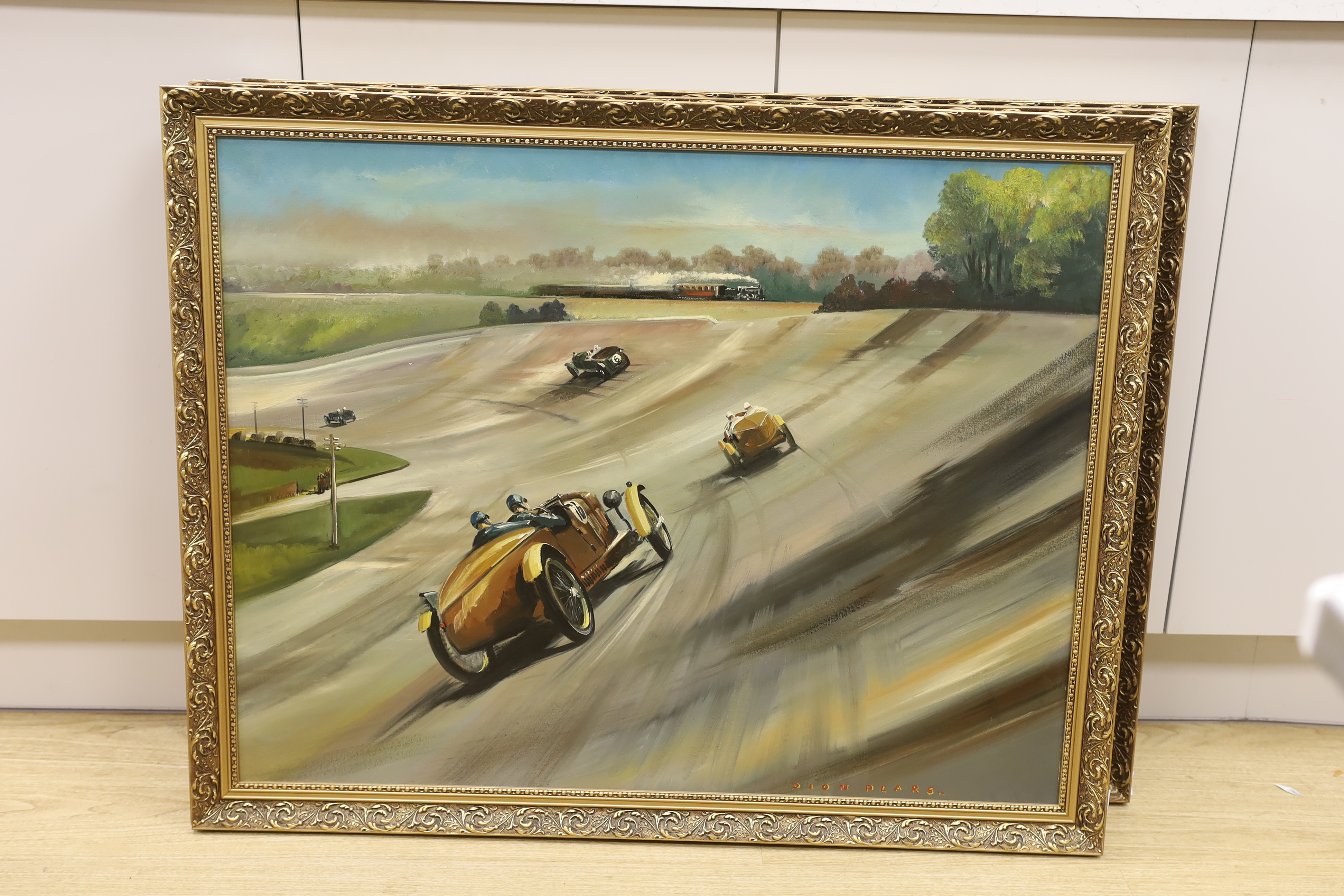 Dion Pears (1929-1985), oil on board, ‘Racing scene with distant locomotive’, signed, 69 x 90cm